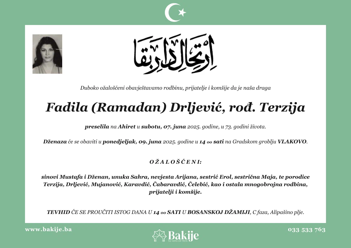 Smrtovnica — Fadila (Ramadan) Drljević, rođ. Terzija