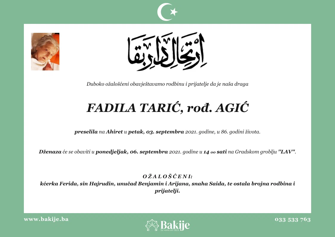 Smrtovnica — Fadila Tarić, rođ. Agić