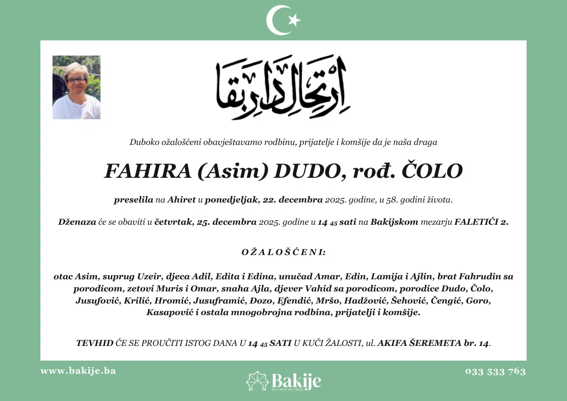 Smrtovnica — Fahira (Asim) Dudo, rođ. Čolo