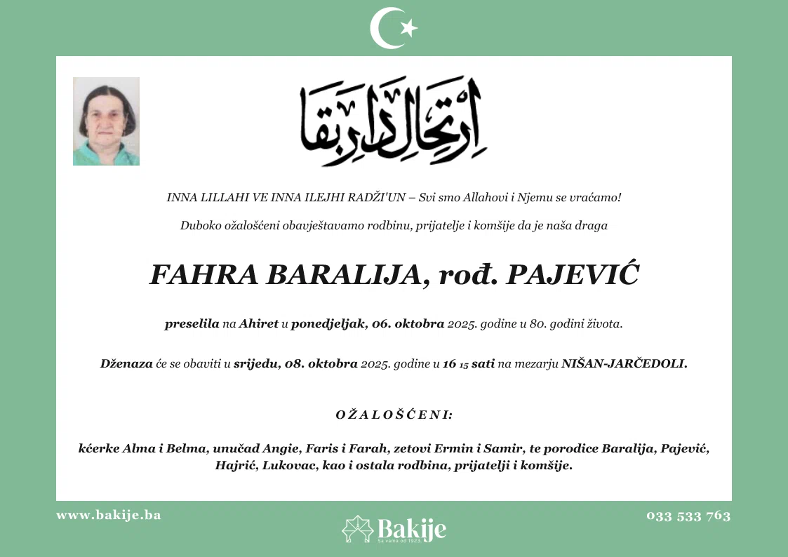Smrtovnica — Fahra Baralija, rođ. Pajević