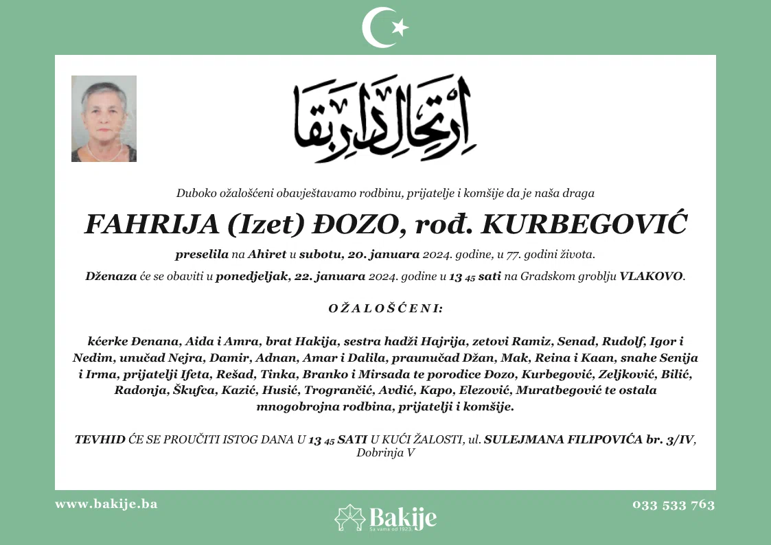 Smrtovnica — Fahrija (Izet) Đozo, rođ. Kurbegović