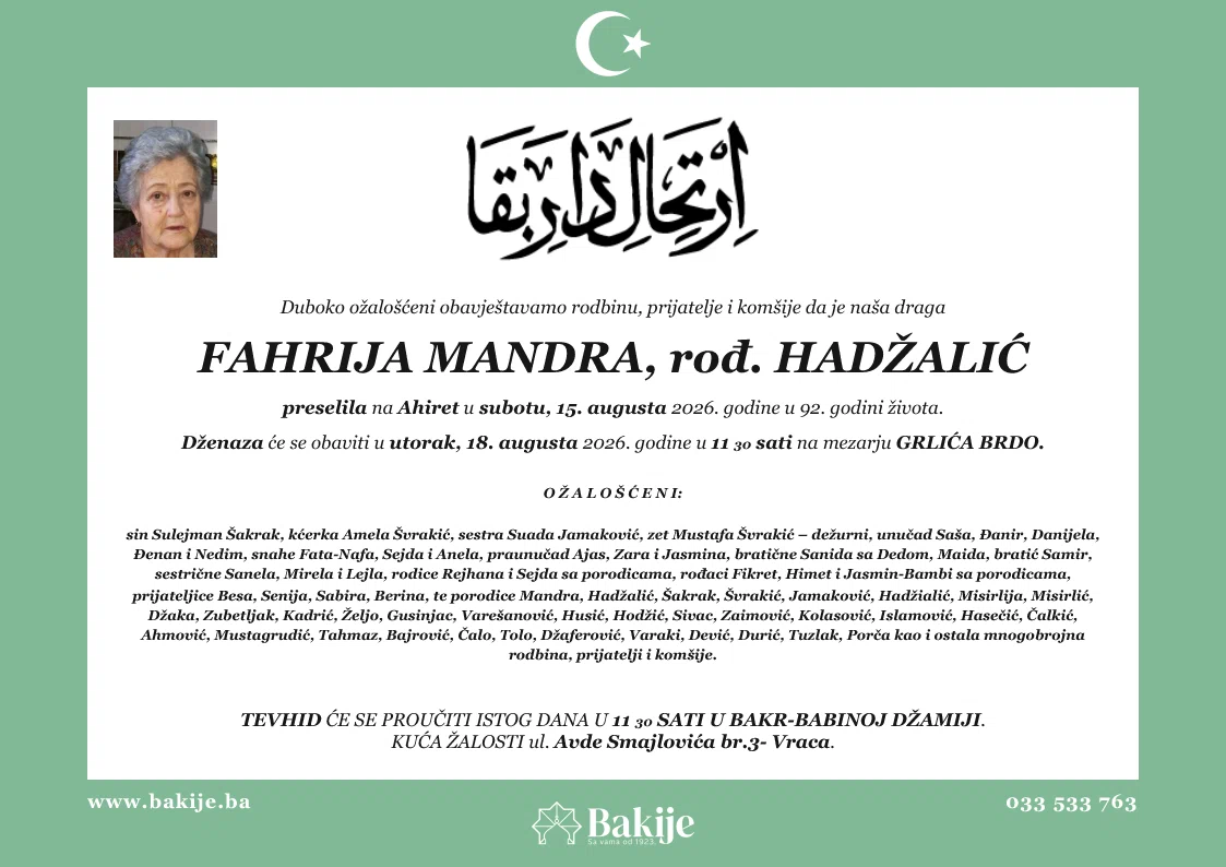 Smrtovnica — Fahrija Mandra, rođ. Hadžalić