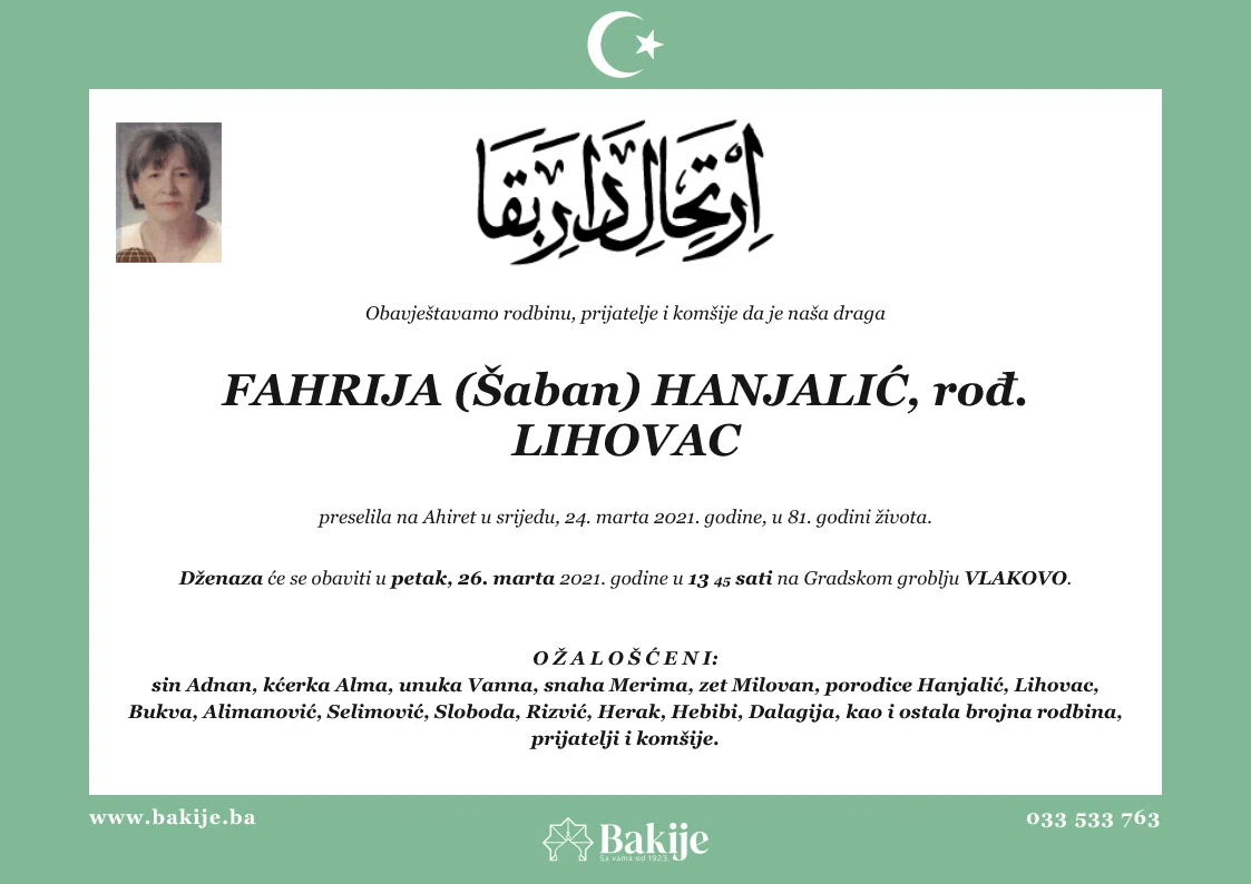 Smrtovnica — Fahrija (Šaban) Hanjalić, rođ. Lihovac