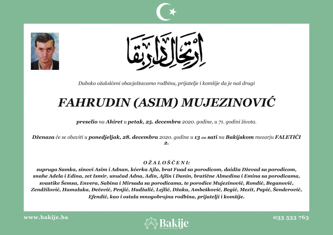 Smrtovnica — Fahrudin (Asim) Mujezinović