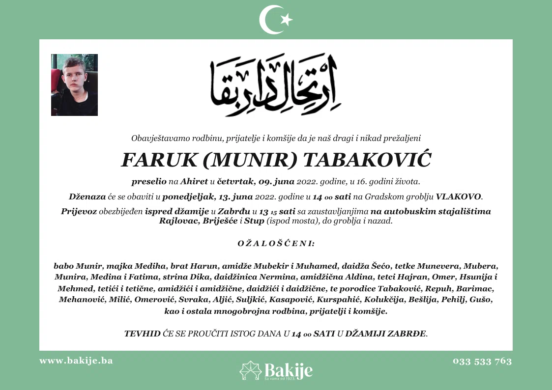 Smrtovnica — Faruk (Munir) Tabaković
