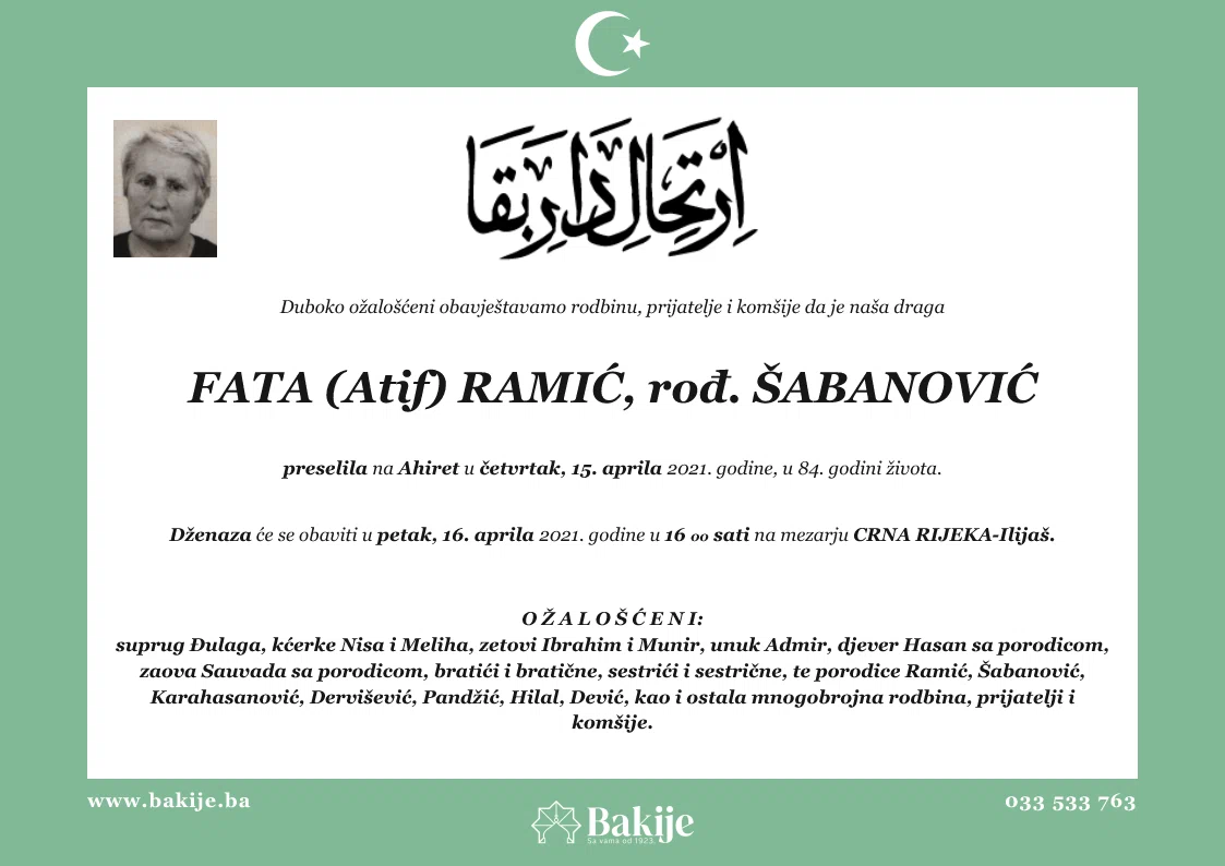 Smrtovnica — Fata (Atif) Ramić, rođ. Šabanović