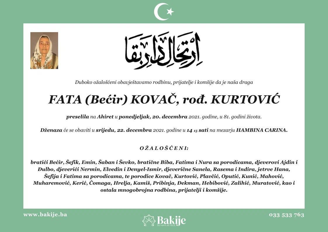 Smrtovnica — Fata (Bećir) Kovač, rođ. Kurtović