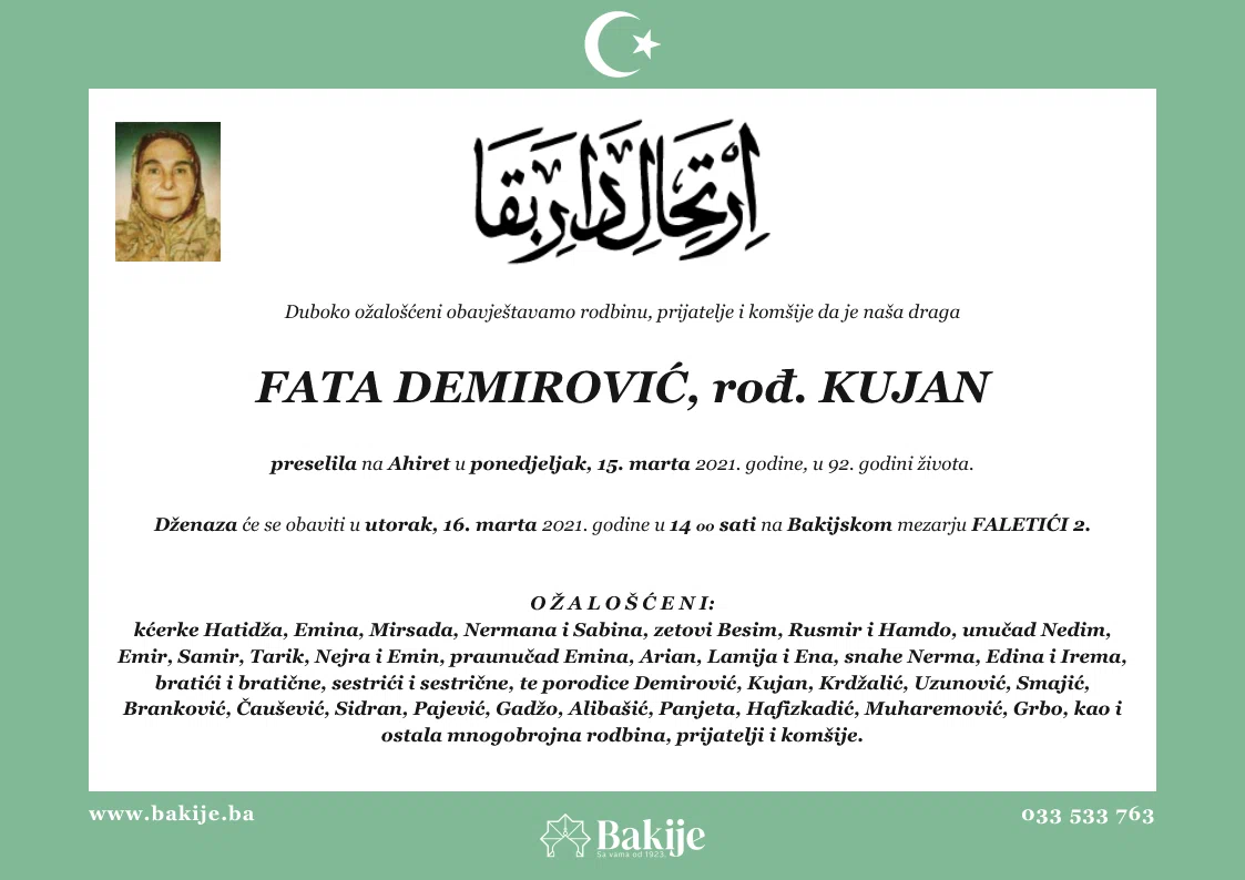 Smrtovnica — Fata Demirović, rođ. Kujan