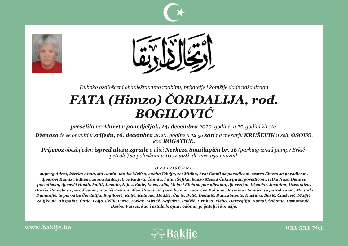 Smrtovnica — Fata (Himzo) Čordalija, rođ. Bogilović