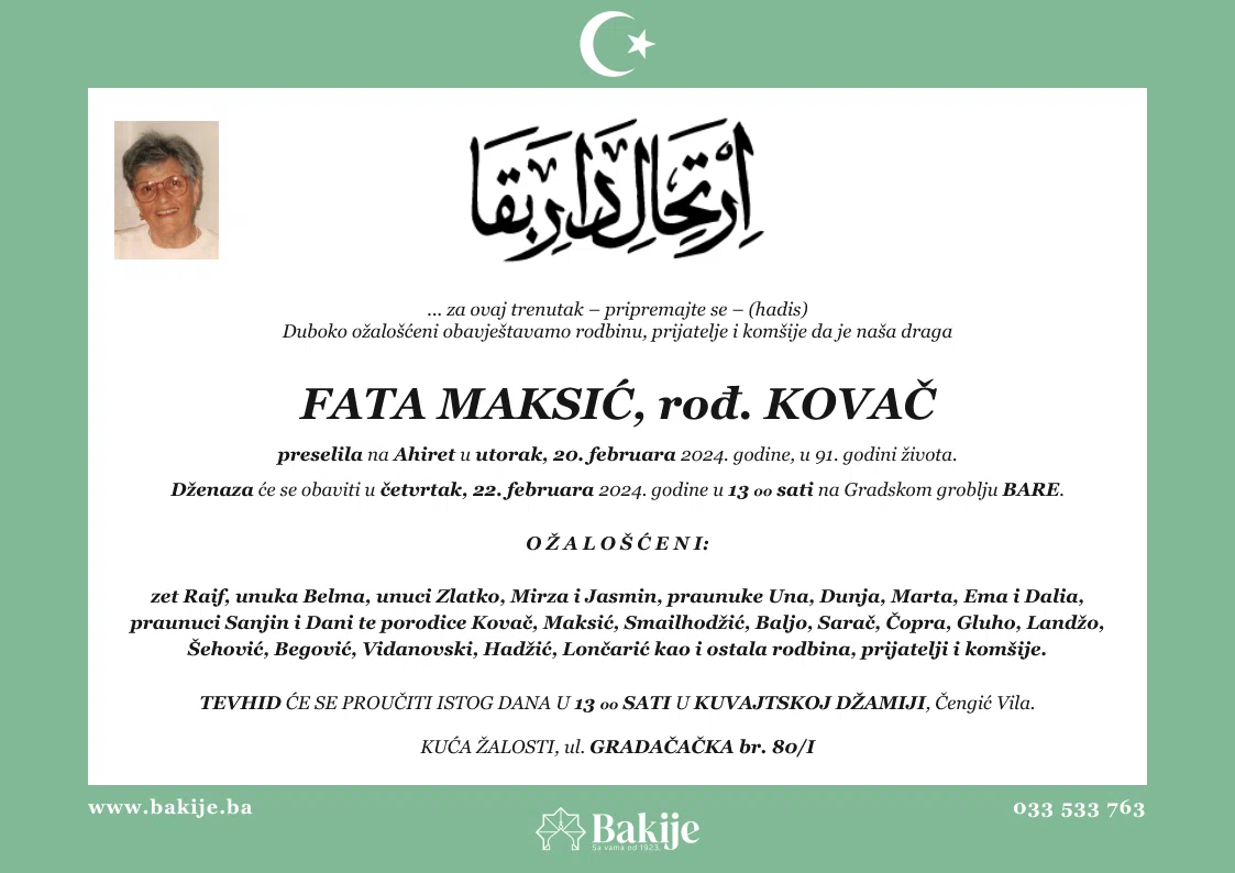 Smrtovnica — Fata Maksić, rođ. Kovač