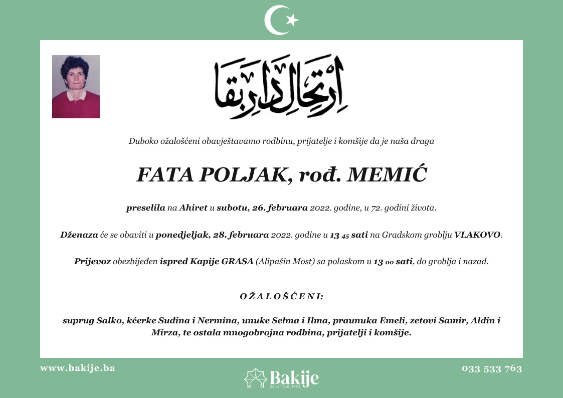 Smrtovnica — Fata Poljak, rođ. Memić