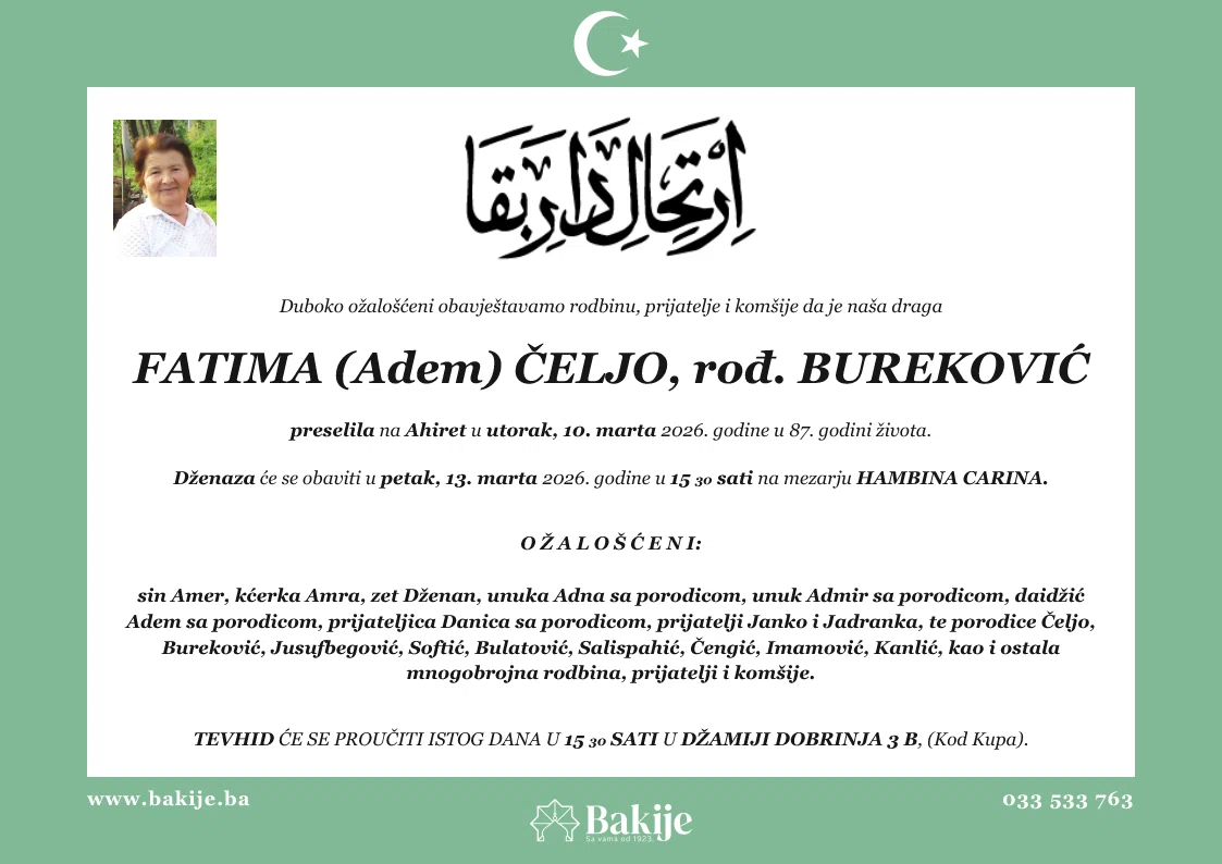 Smrtovnica — Fatima (Adem) Čeljo, rođ. Bureković