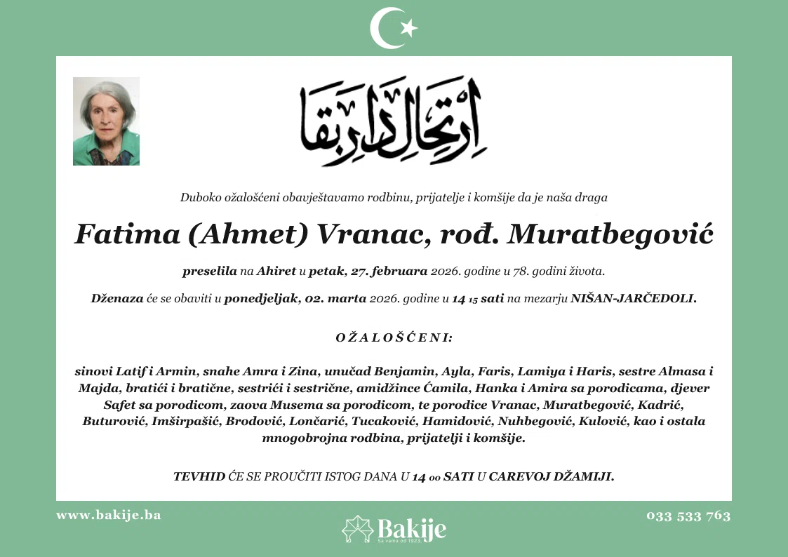 Smrtovnica — Fatima (Ahmet) Vranac, rođ. Muratbegović