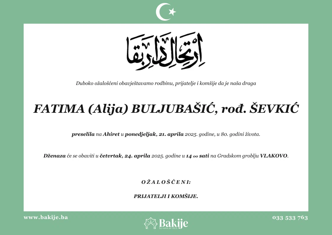 Smrtovnica — Fatima (Alija) Buljubašić, rođ. Ševkić