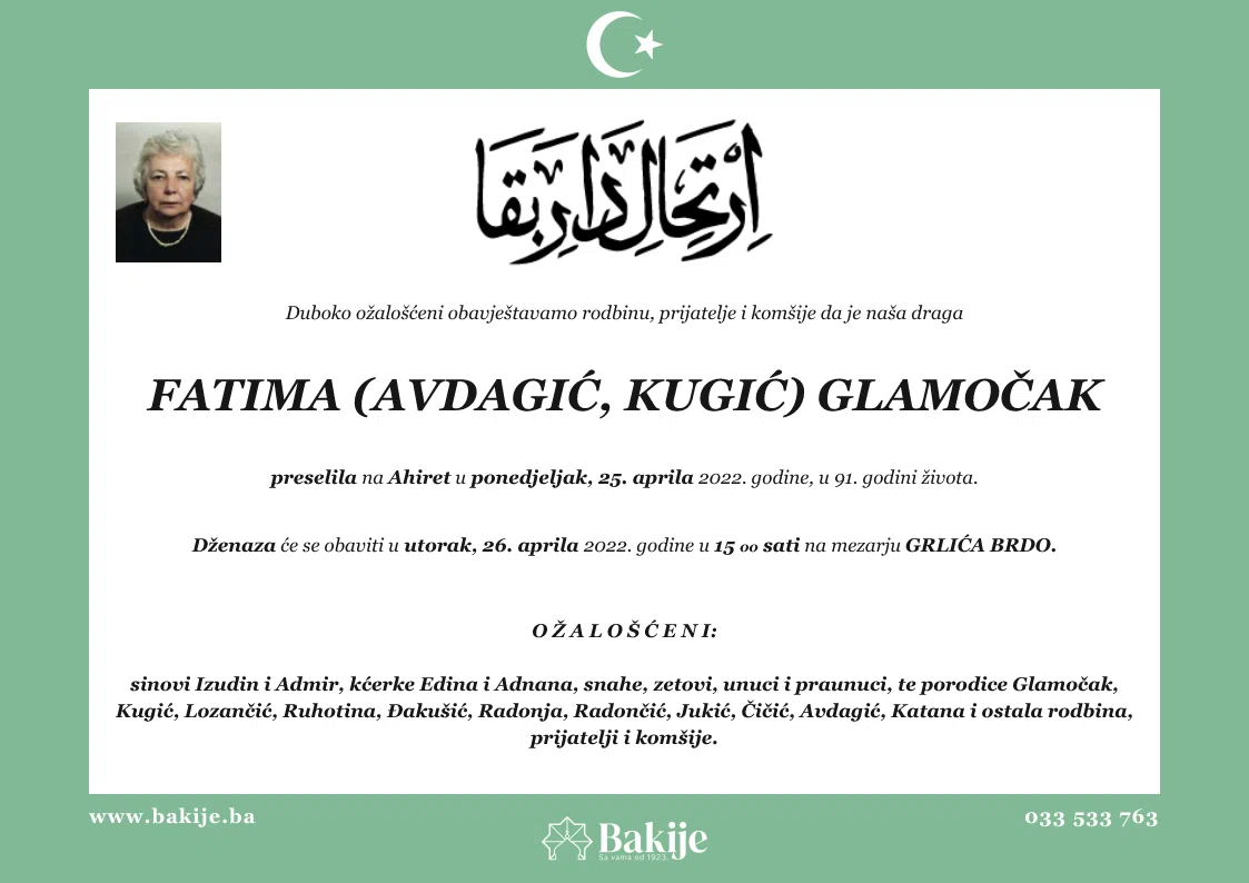 Smrtovnica — Fatima (Avdagić, Kugić) Glamočak