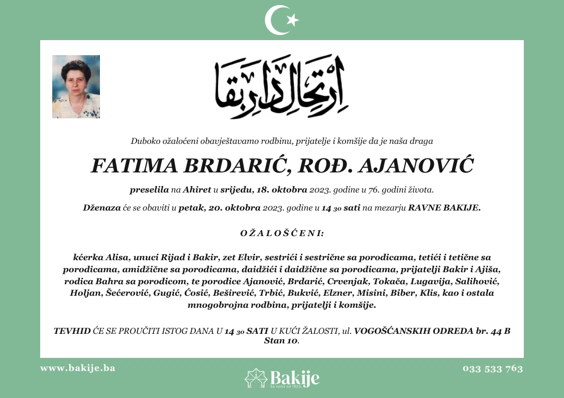 Smrtovnica — Fatima Brdarić, rođ. Ajanović