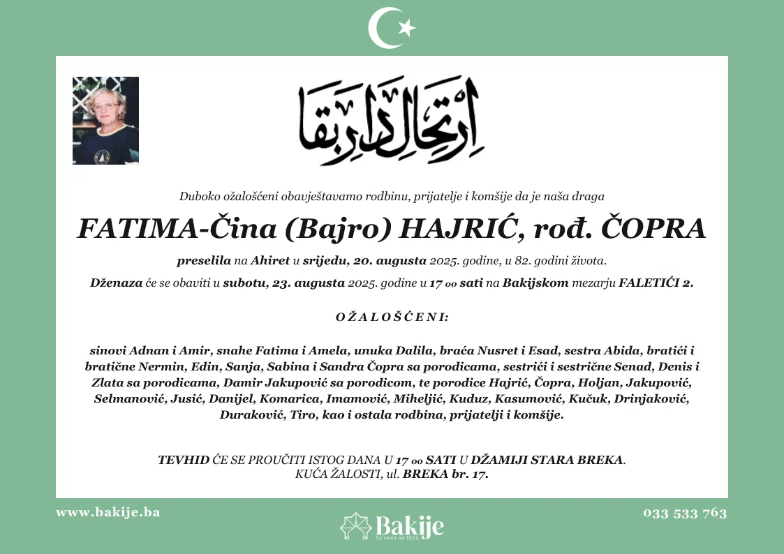 Smrtovnica — Fatima-Čina (Bajro) Hajrić, rođ. Čopra
