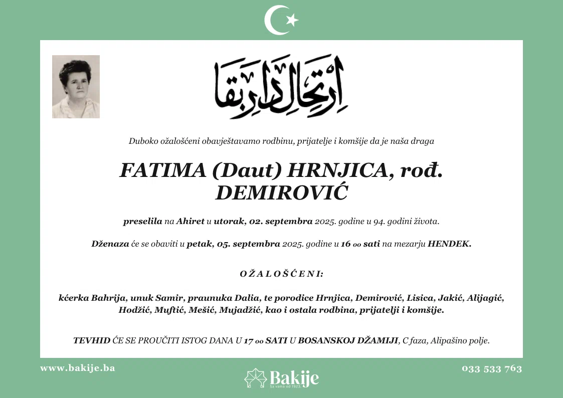 Smrtovnica — Fatima (Daut) Hrnjica, rođ. Demirović