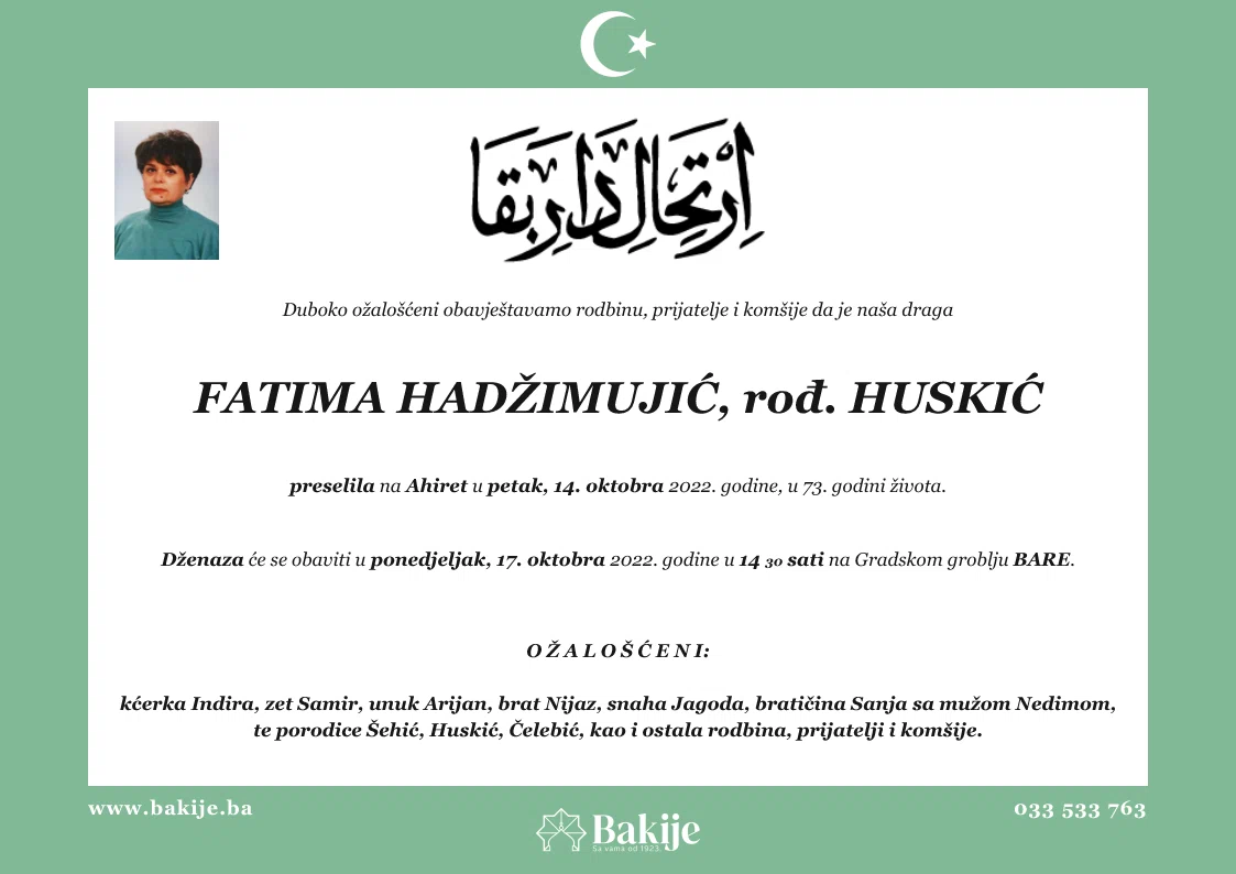 Smrtovnica — Fatima Hadžimujić, rođ. Huskić