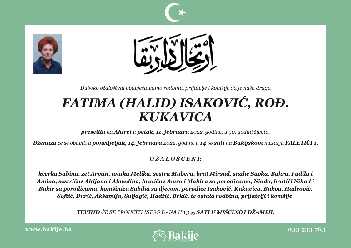 Smrtovnica — Fatima (Halid) Isaković, rođ. Kukavica