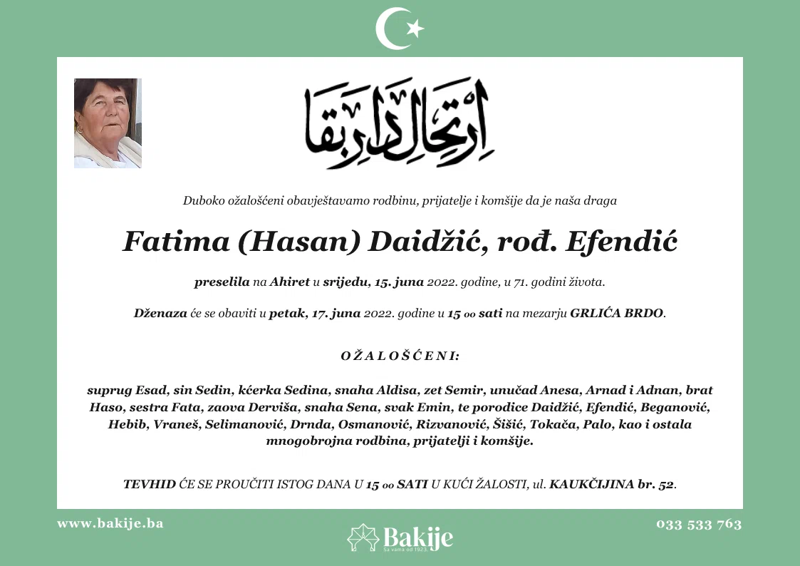 Smrtovnica — Fatima (Hasan) Daidžić, rođ. Efendić