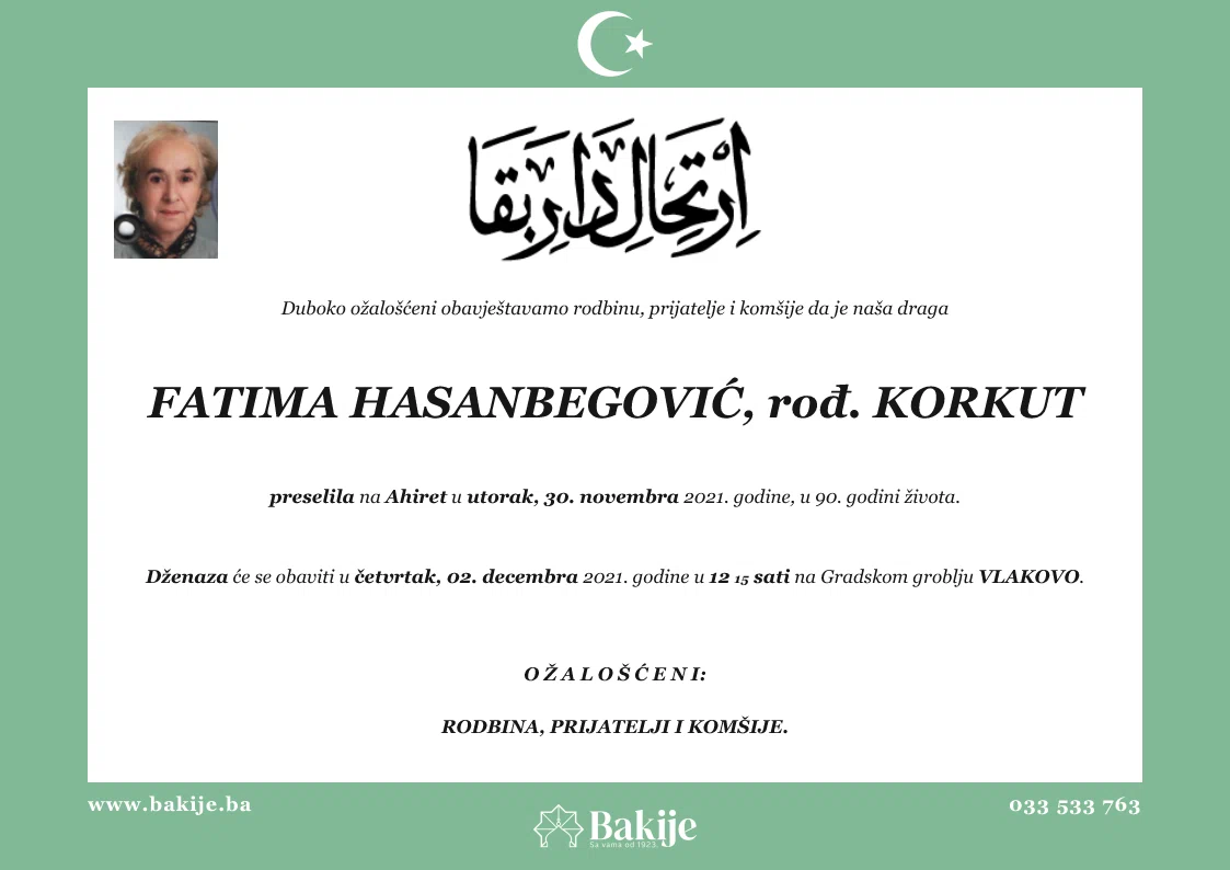 Smrtovnica — Fatima Hasanbegović, rođ. Korkut