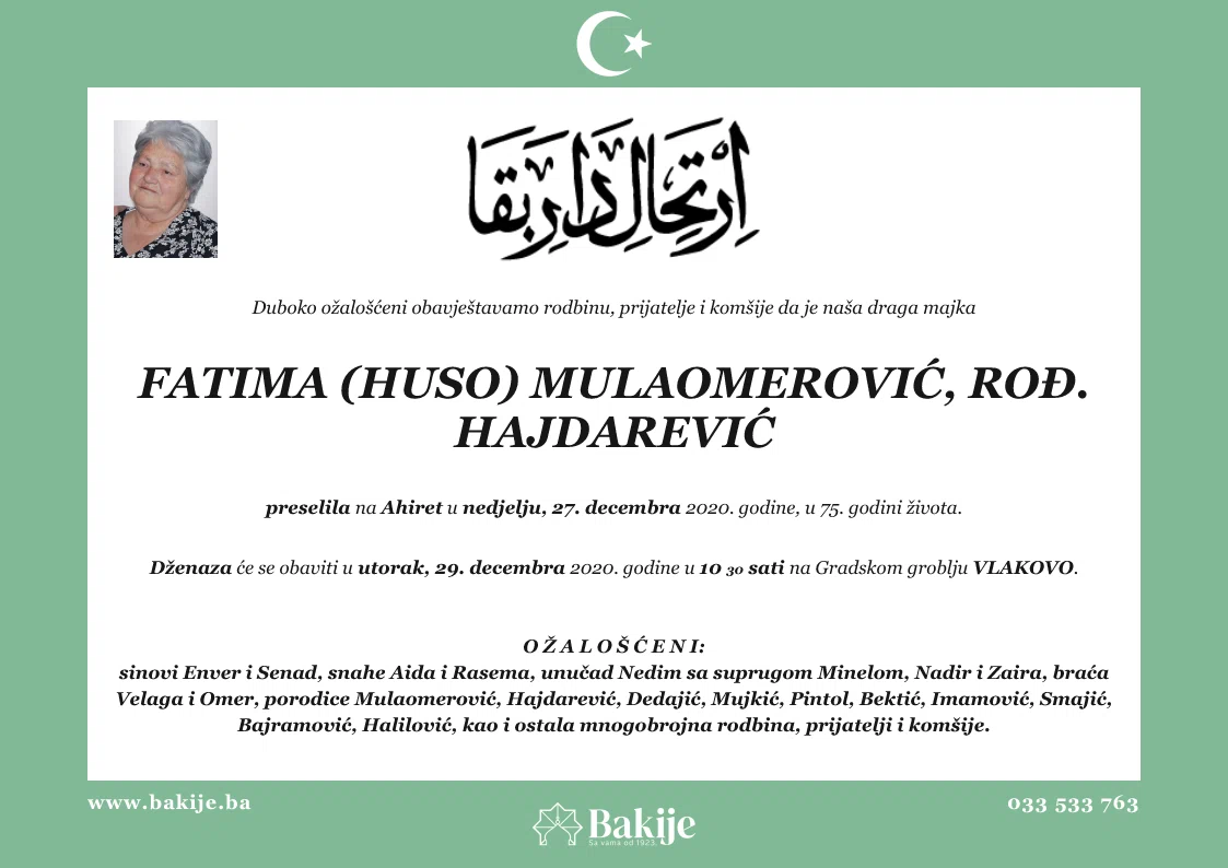 Smrtovnica — Fatima (Huso) Mulaomerović, rođ. Hajdarević