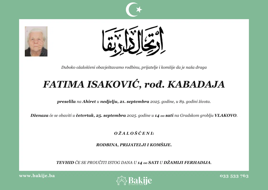 Smrtovnica — Fatima Isaković, rođ. Kabadaja