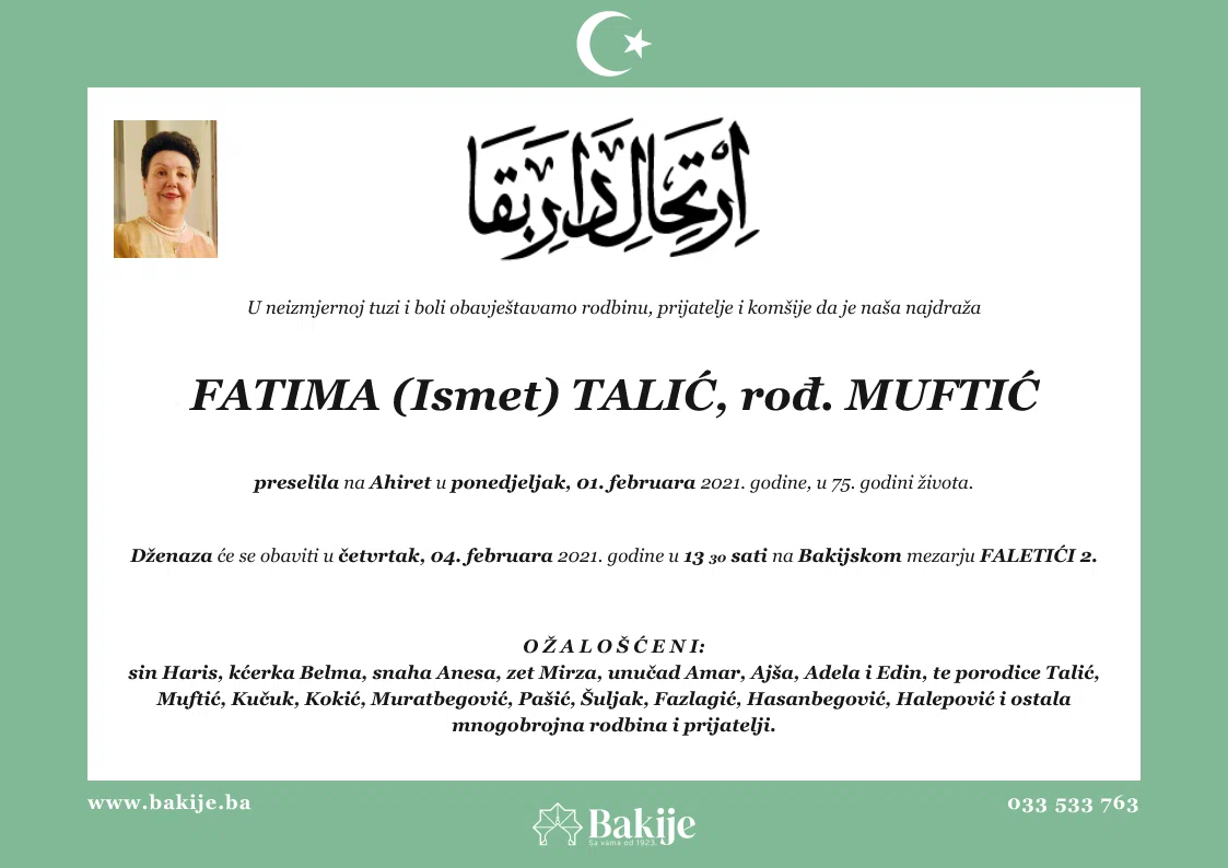 Smrtovnica — Fatima (Ismet) Talić, rođ. Muftić