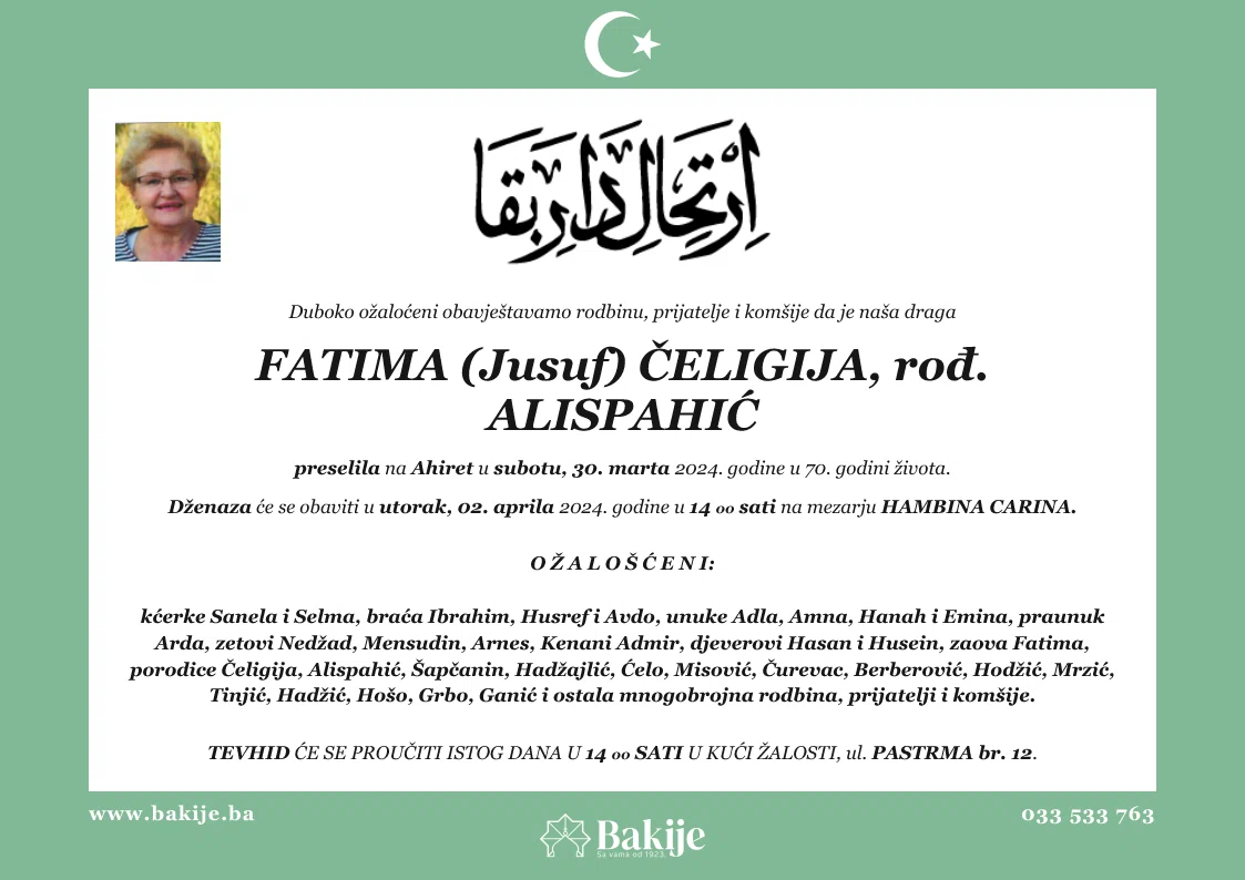 Smrtovnica — Fatima (Jusuf) Čeligija, rođ. Alispahić