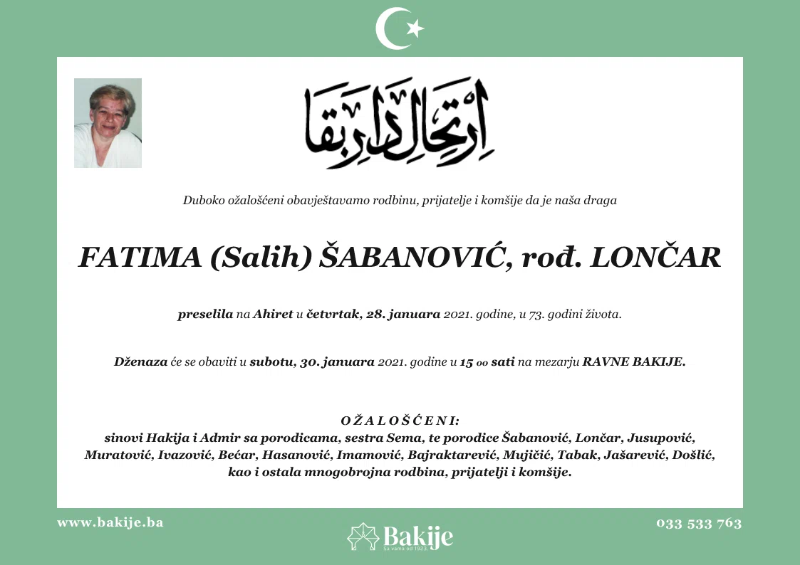 Smrtovnica — Fatima (Salih) Šabanović, rođ. Lončar