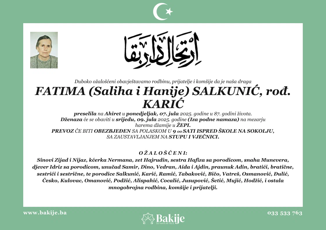 Smrtovnica — Fatima (Saliha I Hanije) Salkunić, rođ. Karić