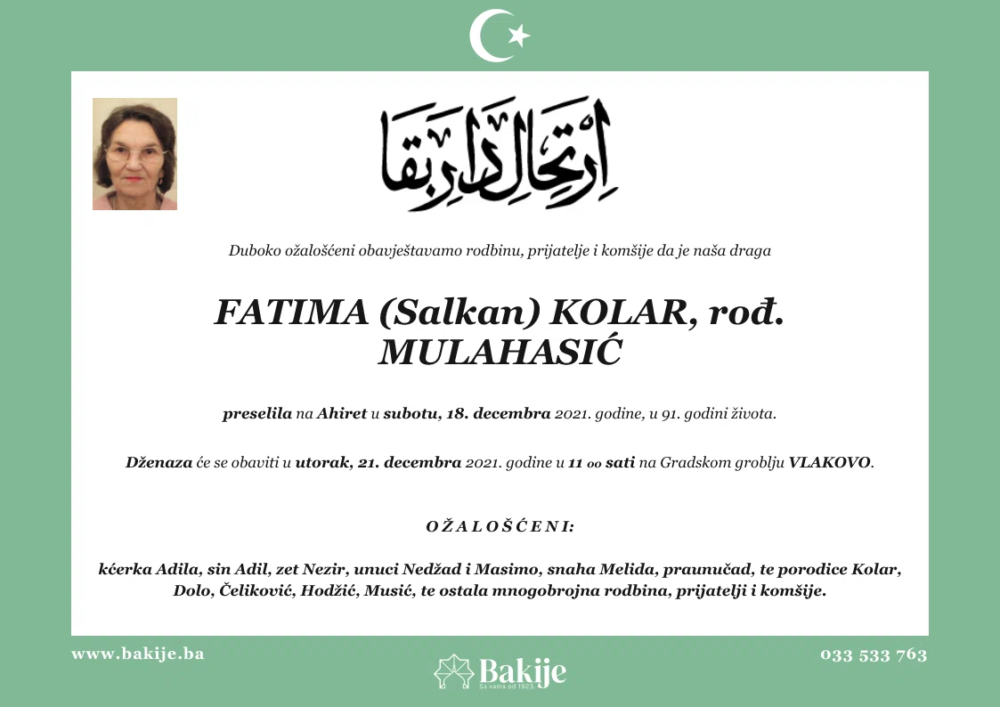 Smrtovnica — Fatima (Salkan) Kolar, rođ. Mulahasić