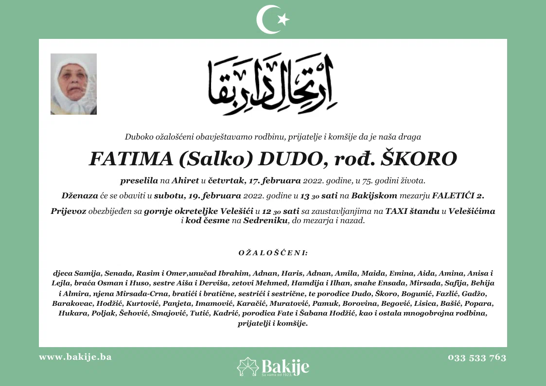 Smrtovnica — Fatima (Salko) Dudo, rođ. Škoro