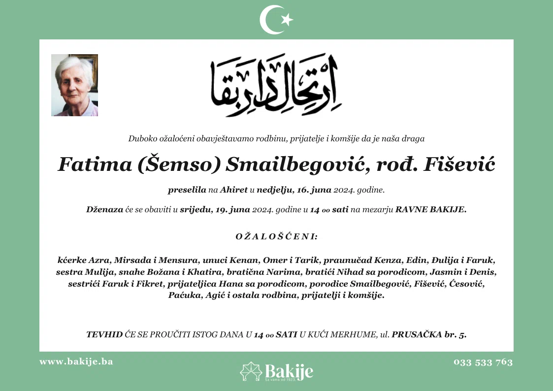 Smrtovnica — Fatima (Šemso) Smailbegović, rođ. Fišević