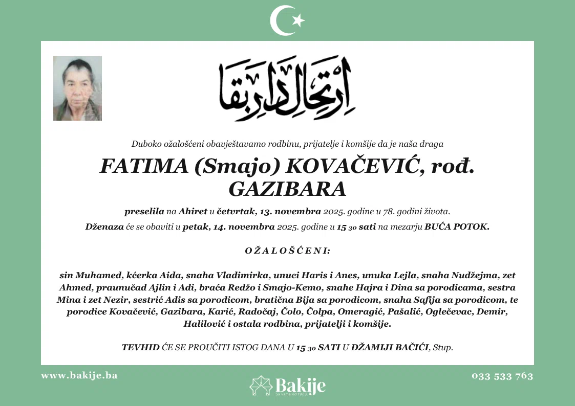 Smrtovnica — Fatima (Smajo) Kovačević, rođ. Gazibara