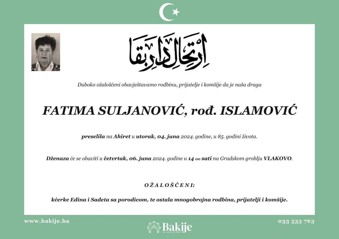 Smrtovnica — Fatima Suljanović, rođ. Islamović