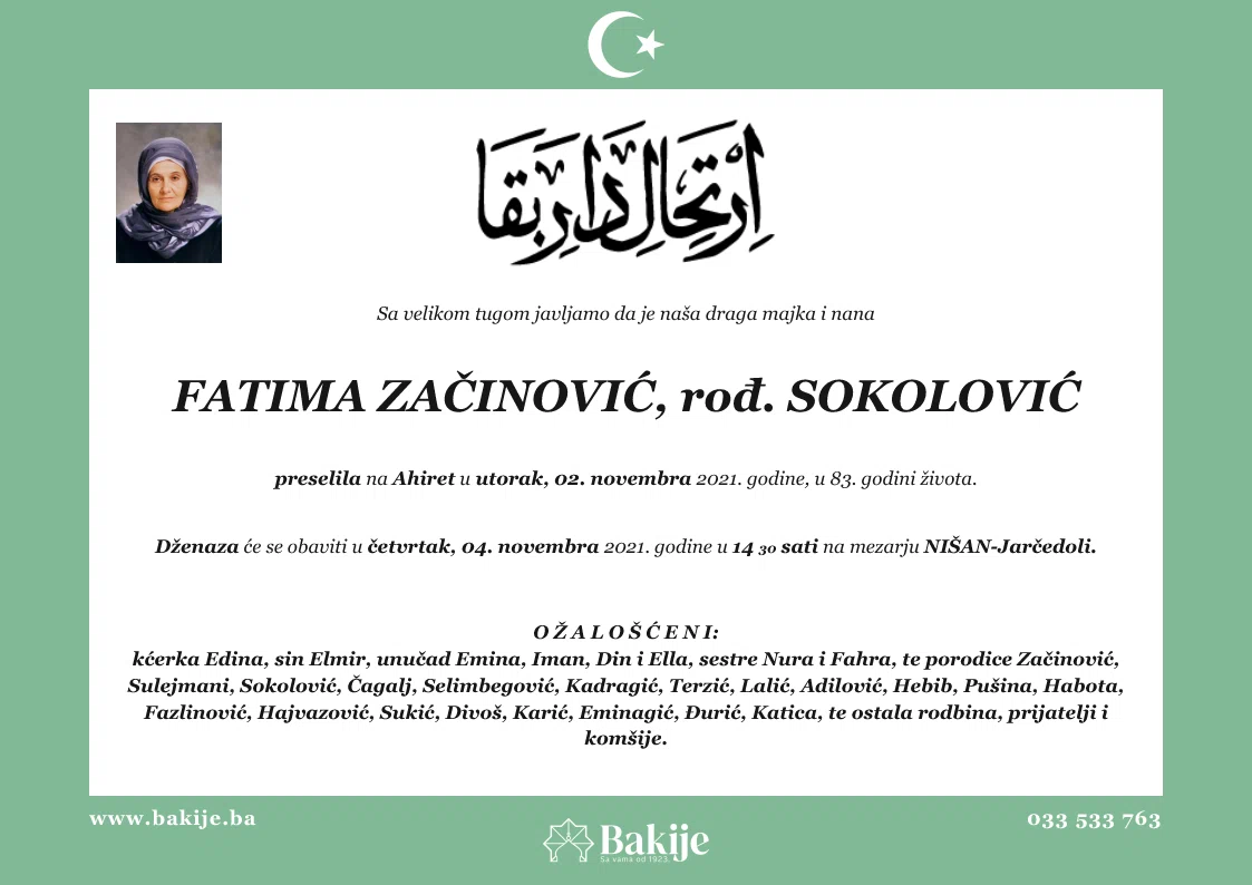 Smrtovnica — Fatima Začinović, rođ. Sokolović