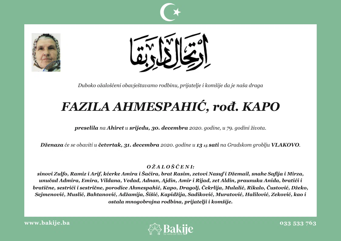 Smrtovnica — Fazila Ahmespahić, rođ. Kapo