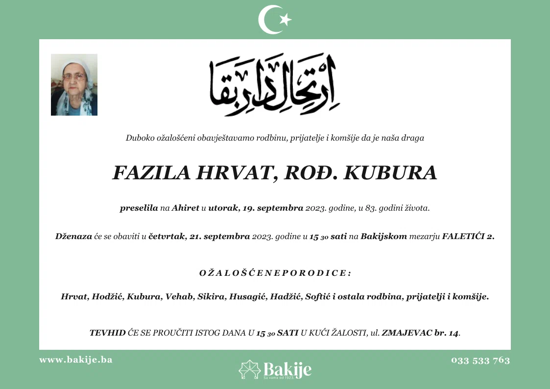 Smrtovnica — Fazila Hrvat, rođ. Kubura