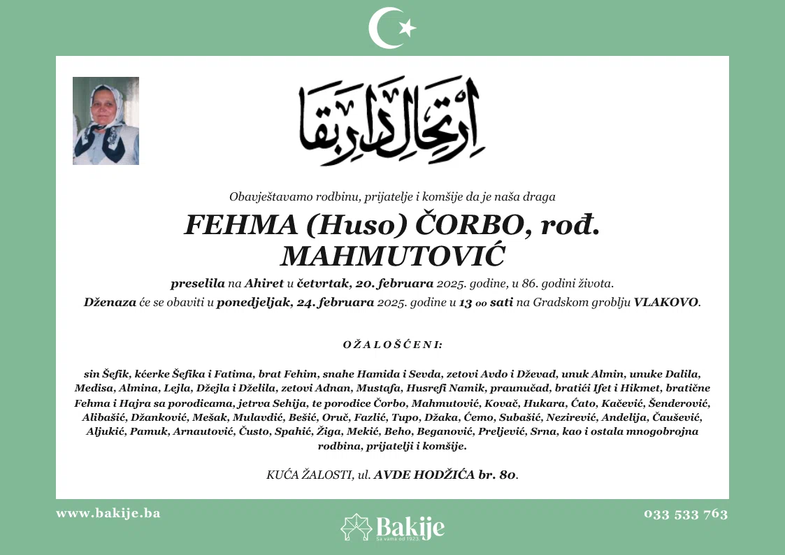 Smrtovnica — Fehma (Huso) Čorbo, rođ. Mahmutović
