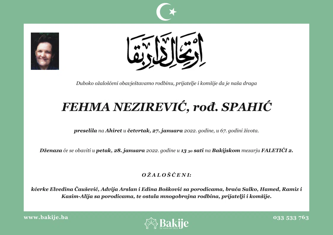 Smrtovnica — Fehma Nezirević, rođ. Spahić