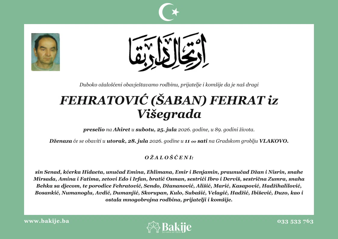 Smrtovnica — Fehratović (Šaban) Fehrat Iz Višegrada