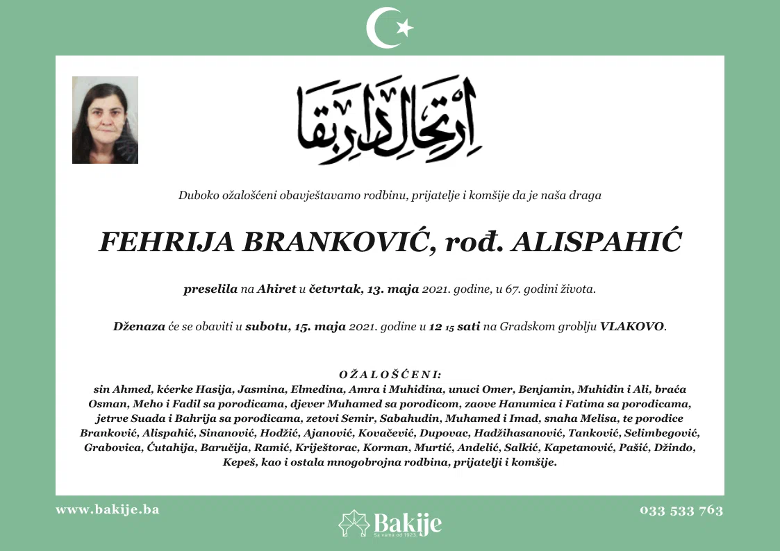 Smrtovnica — Fehrija Branković, rođ. Alispahić