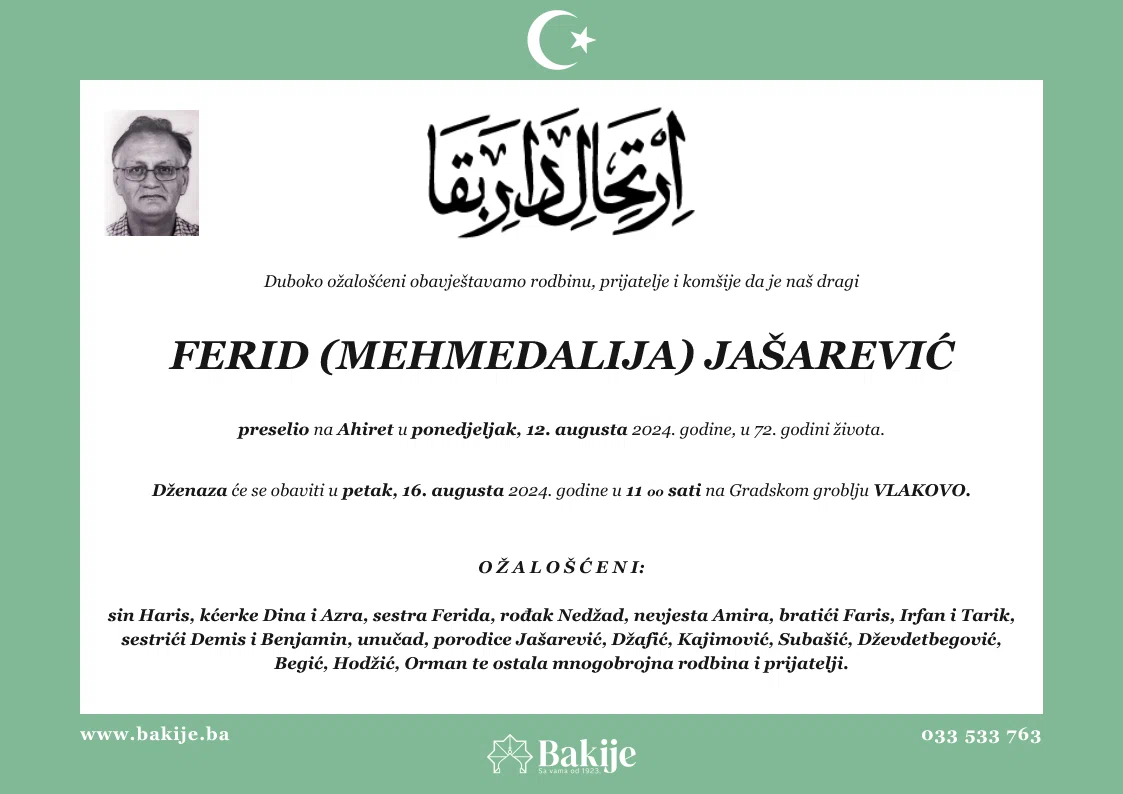 Smrtovnica — Ferid (Mehmedalija) Jašarević