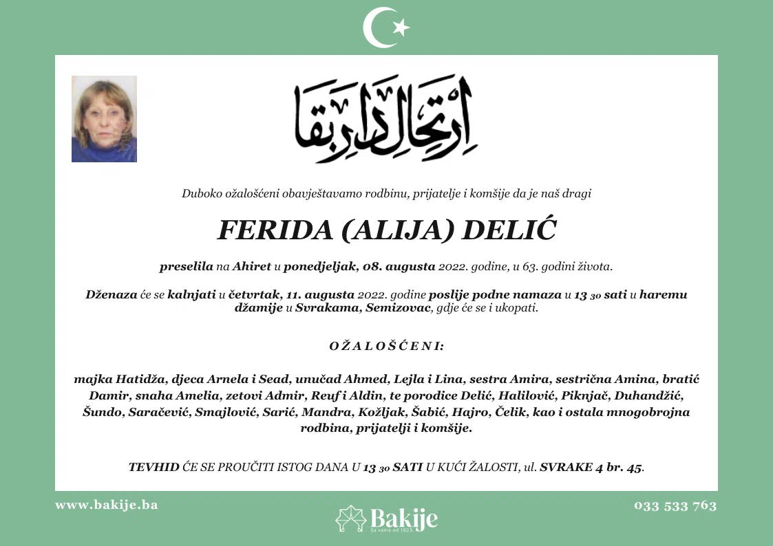 Smrtovnica — Ferida (Alija) Delić