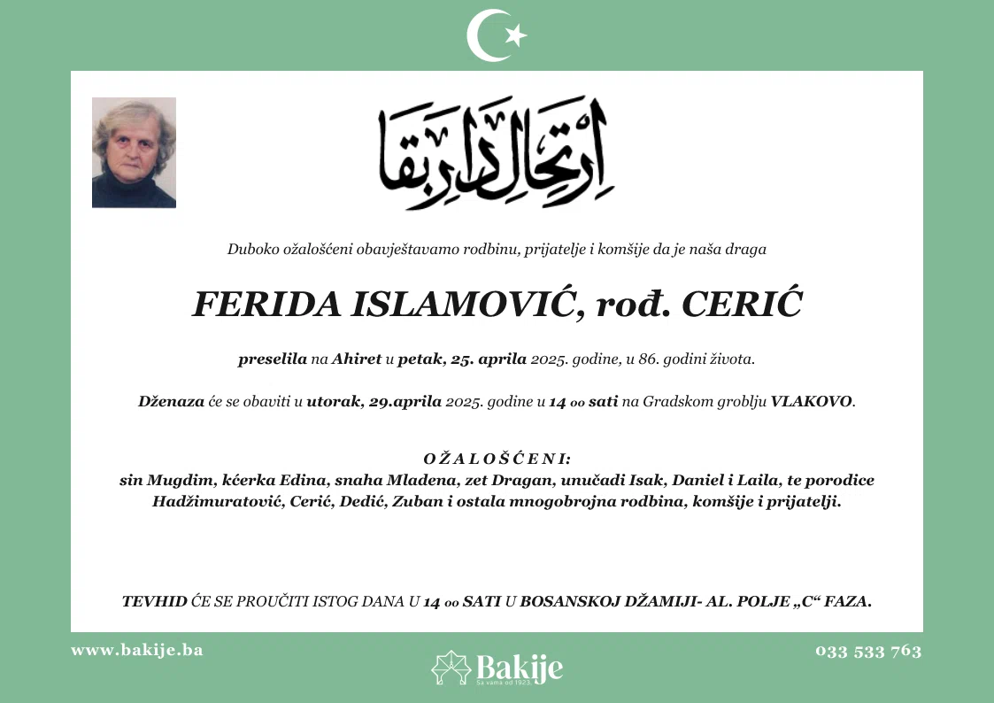Smrtovnica — Ferida Islamović, rođ. Cerić