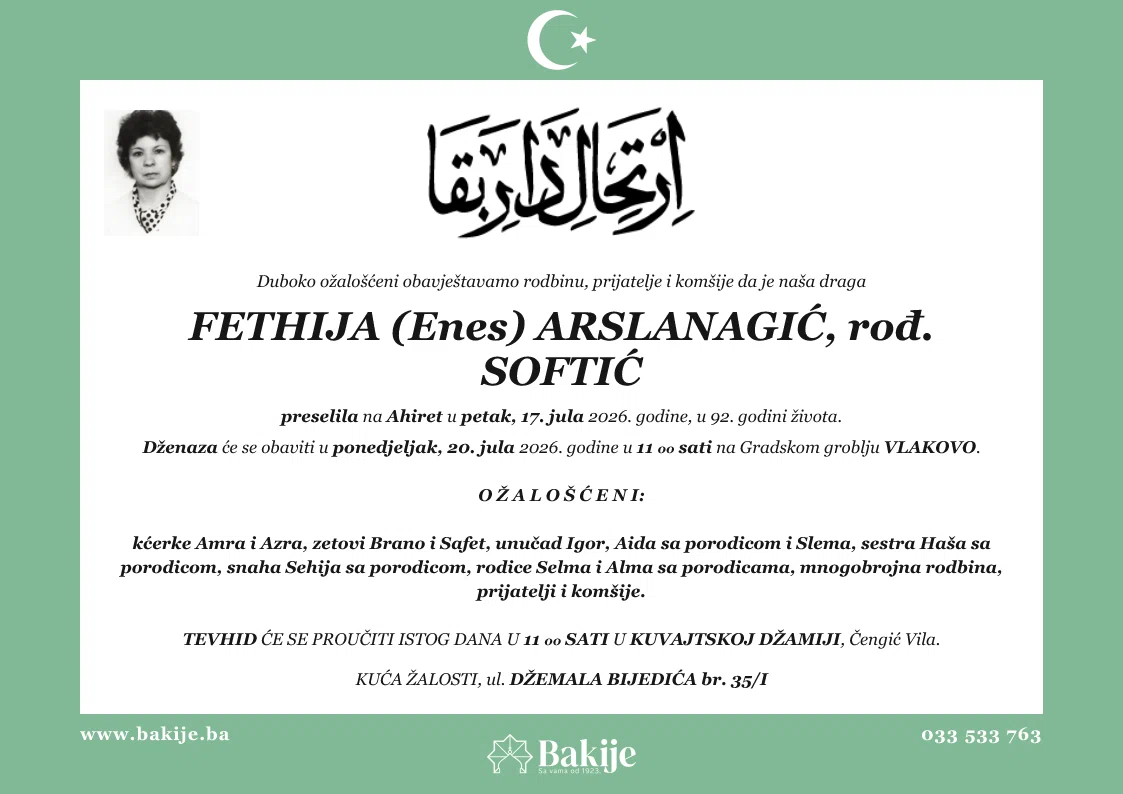 Smrtovnica — Fethija (Enes) Arslanagić, rođ. Softić