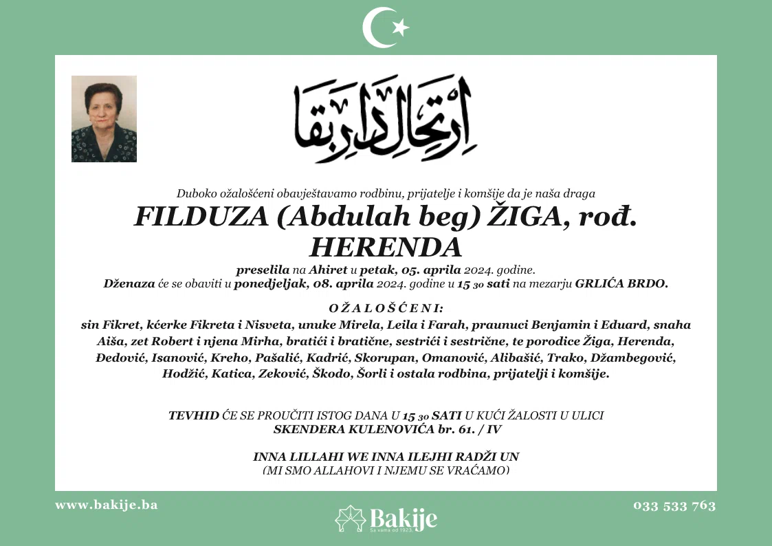 Smrtovnica — Filduza (Abdulah Beg) Žiga, rođ. Herenda