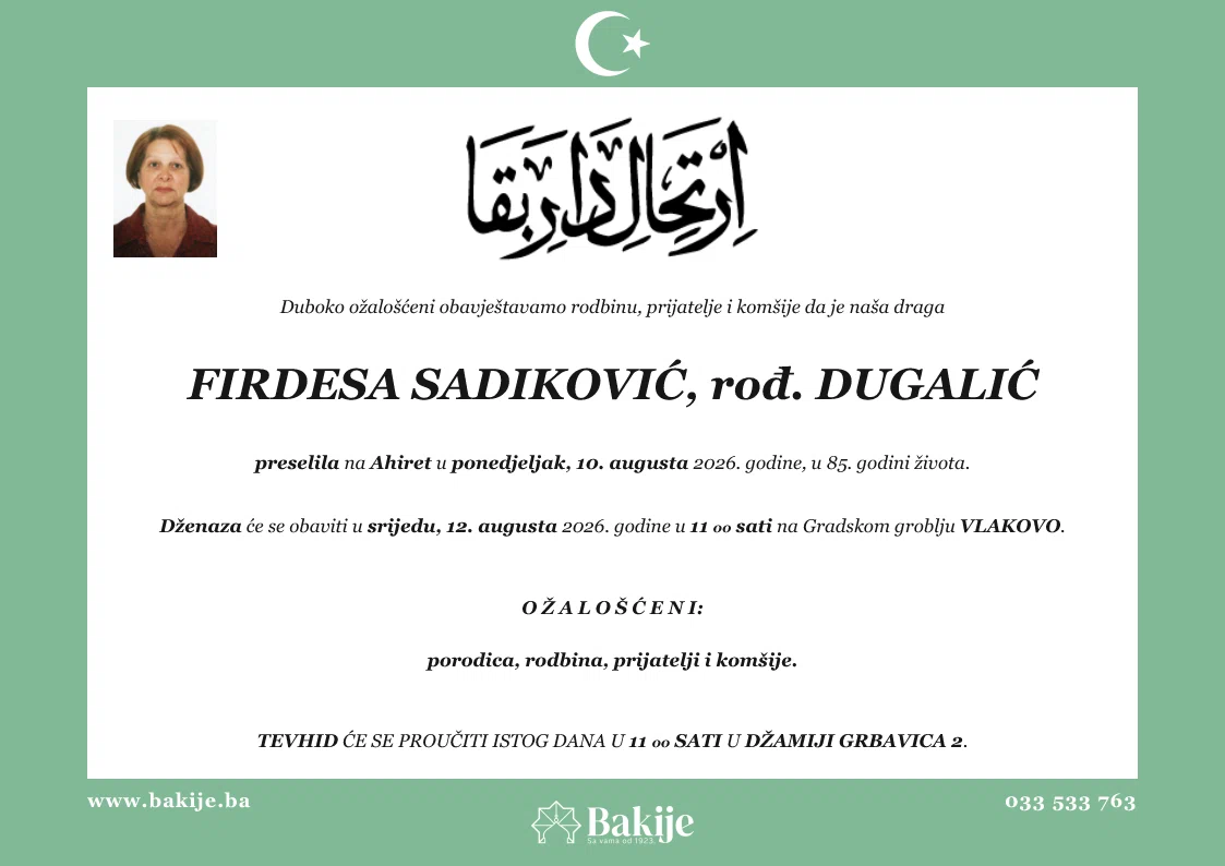 Smrtovnica — Firdesa Sadiković, rođ. Dugalić